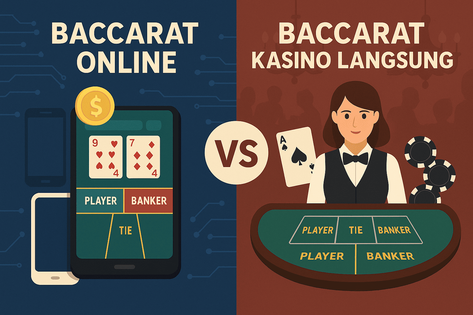 Ilustrasi perbandingan baccarat online vs baccarat kasino langsung. Sisi kiri menampilkan baccarat di smartphone dengan nuansa digital biru, sisi kanan menampilkan dealer kasino dengan meja permainan hijau.