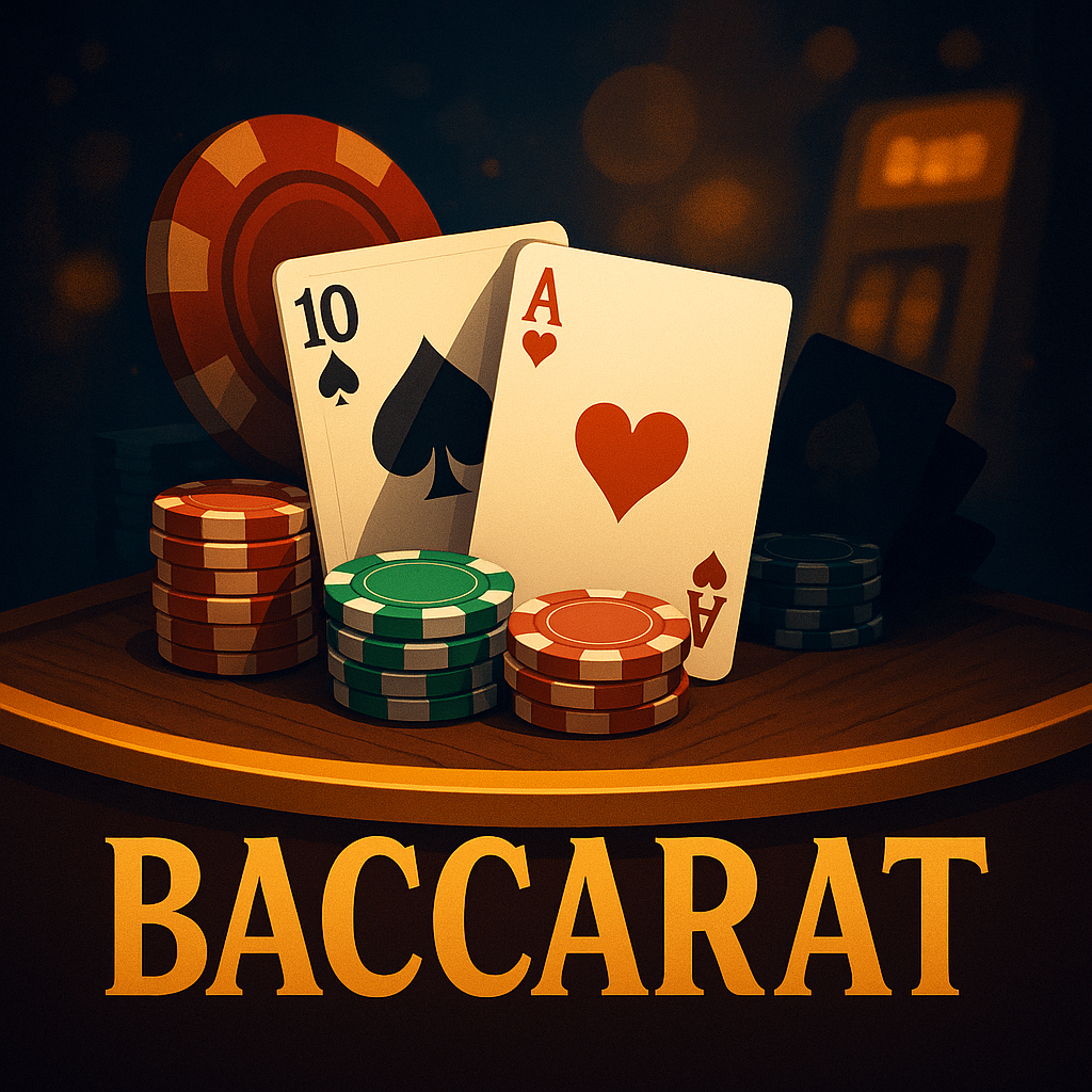 Ilustrasi realistis meja kasino baccarat dengan kartu As dan 10, dikelilingi chip berwarna merah, hijau, dan hitam dalam suasana elegan.