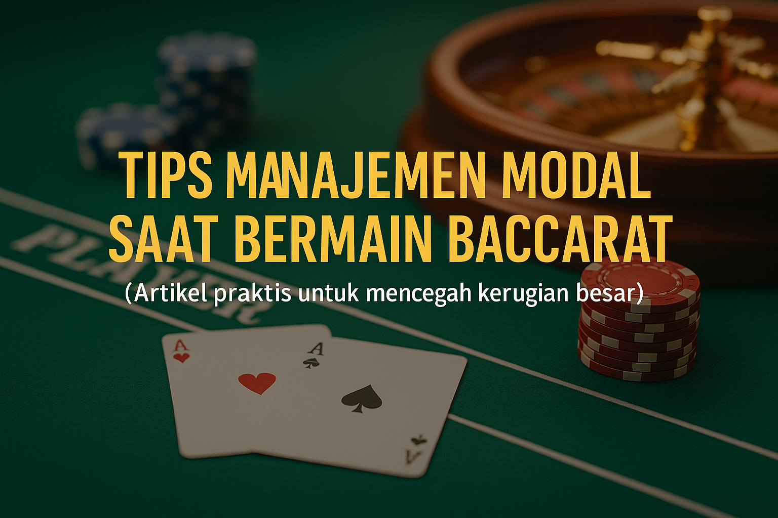 tips manajemen modal saat bermain Baccarat, menampilkan meja kasino hijau dengan kartu as, tumpukan chip, serta judul besar berwarna emas yang menonjol.