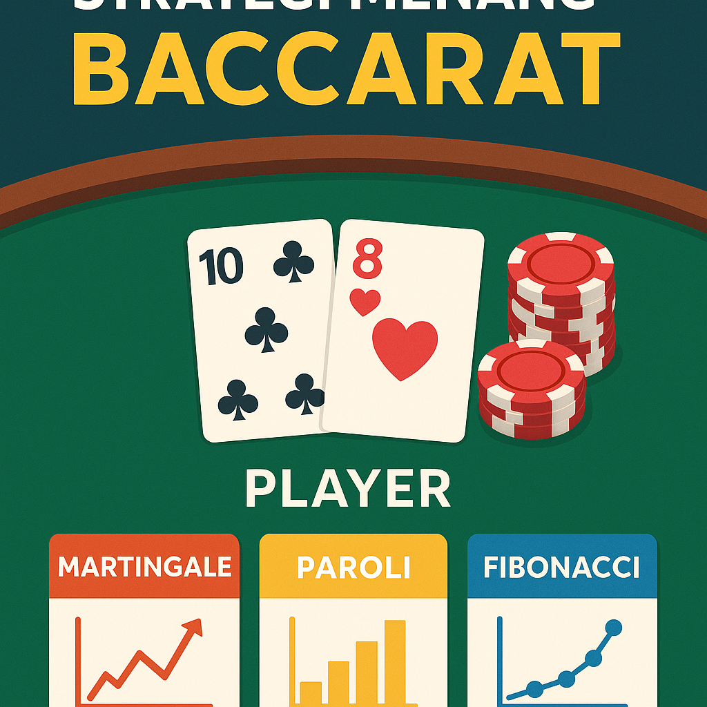 Ilustrasi strategi menang Baccarat tahun 2025 dengan kartu remi, chip kasino, dan simbol Martingale, Paroli, serta Fibonacci di meja hijau elegan.
