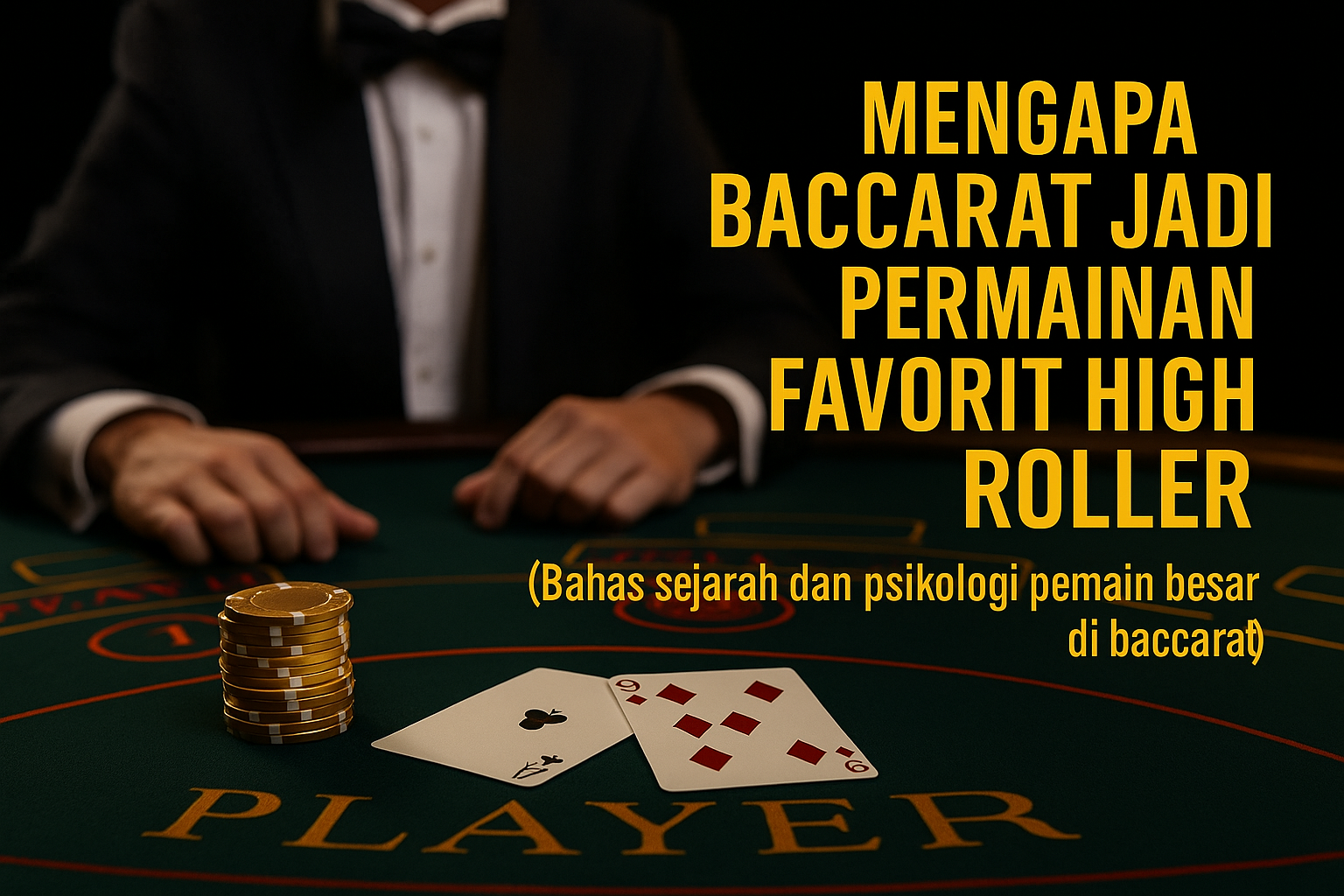 Ilustrasi digital elegan meja baccarat di kasino mewah dengan kartu, chip emas, dan suasana glamor penuh cahaya hangat.
