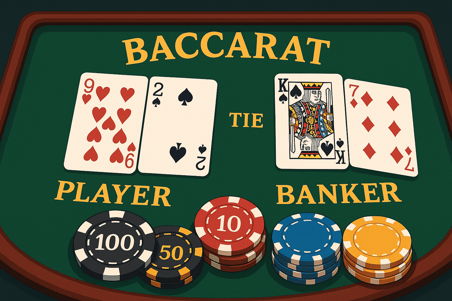 Ilustrasi meja baccarat dengan tulisan Player, Banker, dan Tie berwarna emas di atas kain hijau, dilengkapi kartu dan tumpukan chip kasino berwarna-warni.