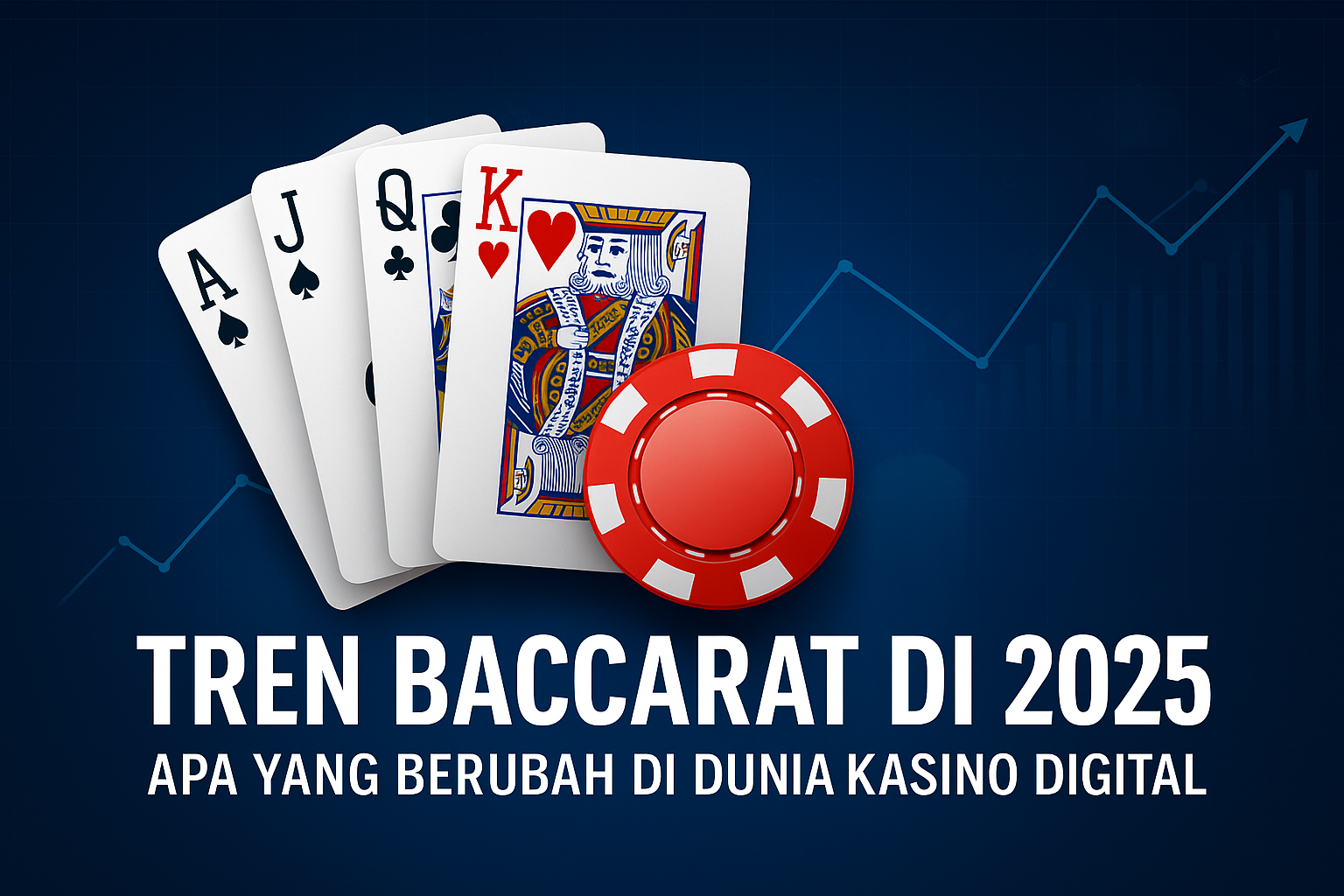 Ilustrasi digital meja baccarat futuristik dengan kartu, chip kasino, dan grafik tren yang menunjukkan perkembangan kasino digital tahun 2025.
