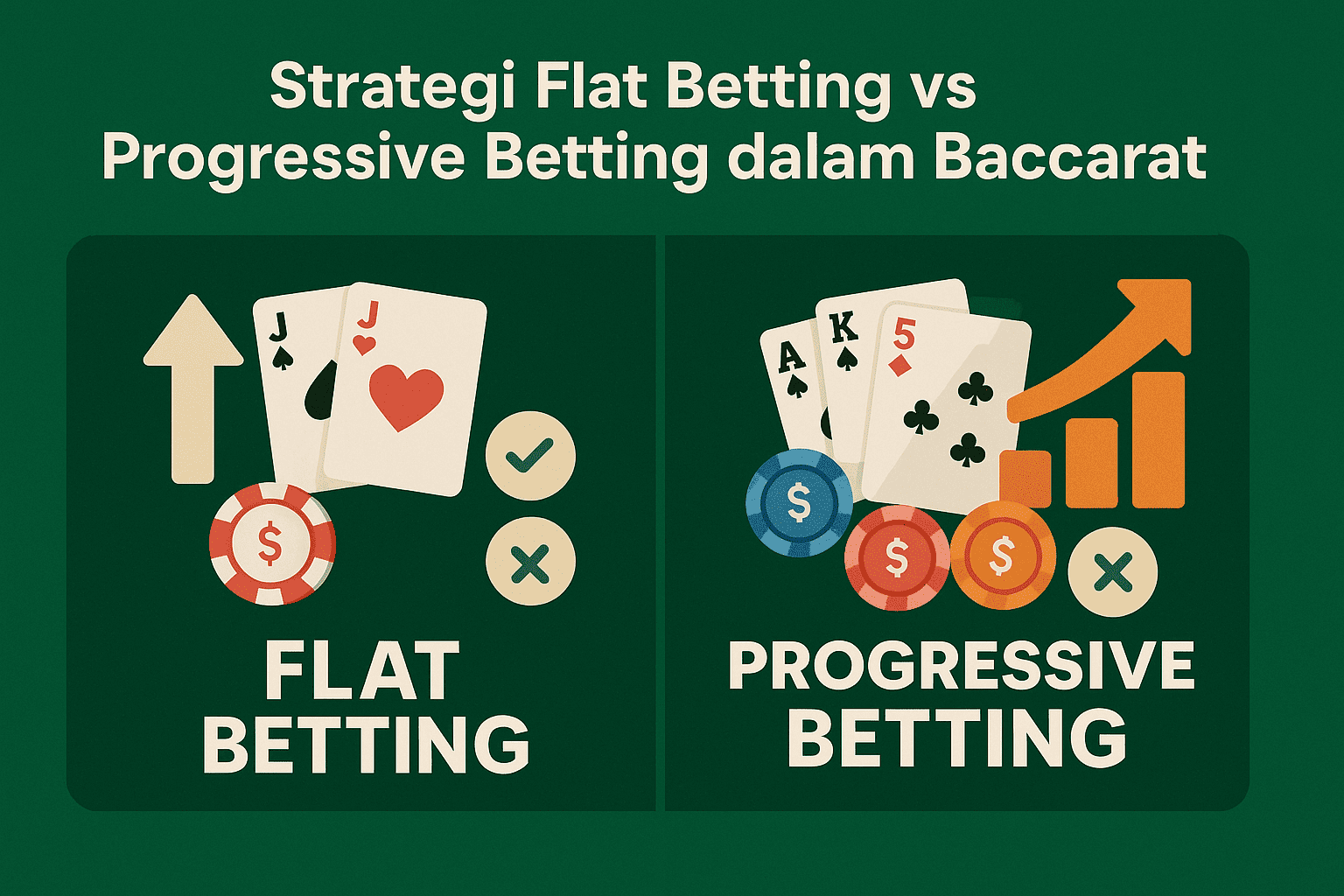Ilustrasi modern strategi flat betting vs progressive betting dalam permainan baccarat, menampilkan kartu, chip, dan grafik pertumbuhan.