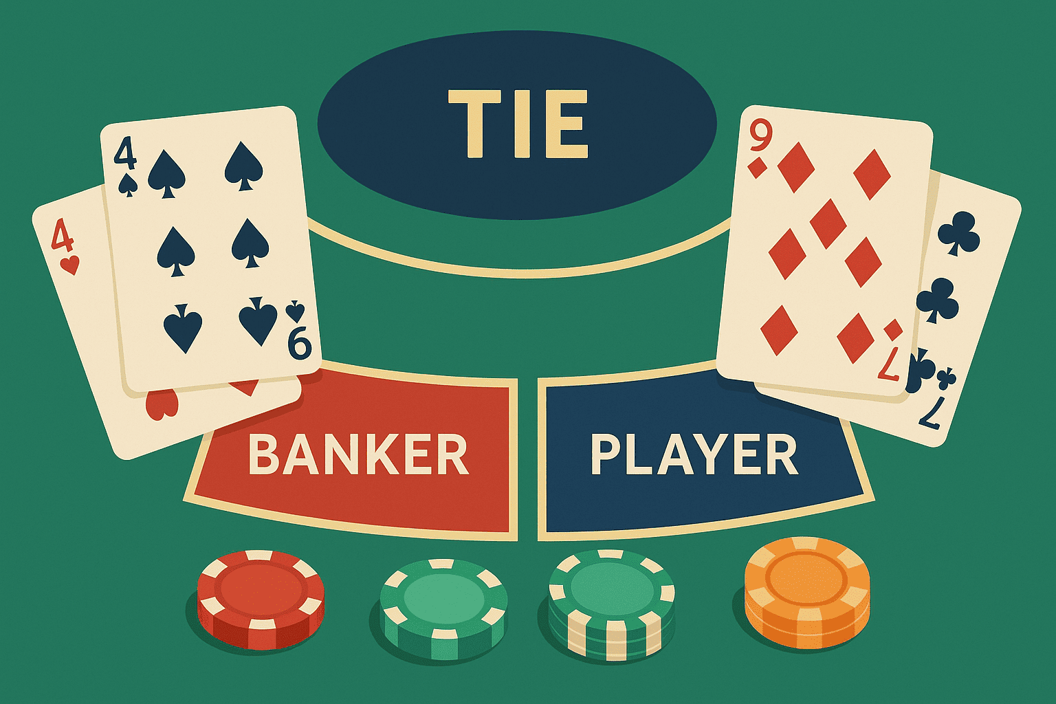 "Ilustrasi meja baccarat dengan opsi taruhan Banker, Player, dan Tie, menyoroti risiko dan reward dari taruhan Tie.