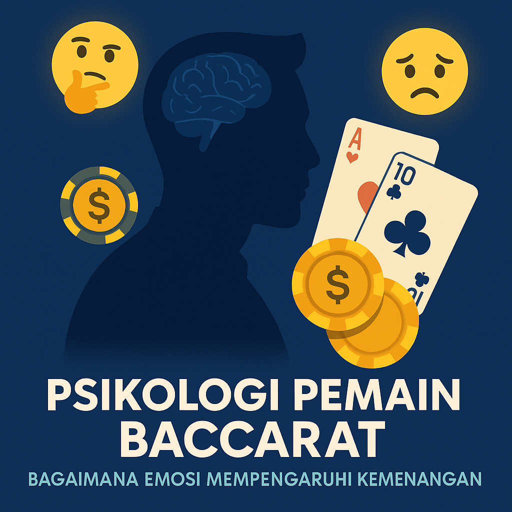 psikologi pemain baccarat, menampilkan siluet pria dengan ilustrasi otak, kartu baccarat, chip kasino, dan ikon emosi senang serta sedih di atas latar biru modern.