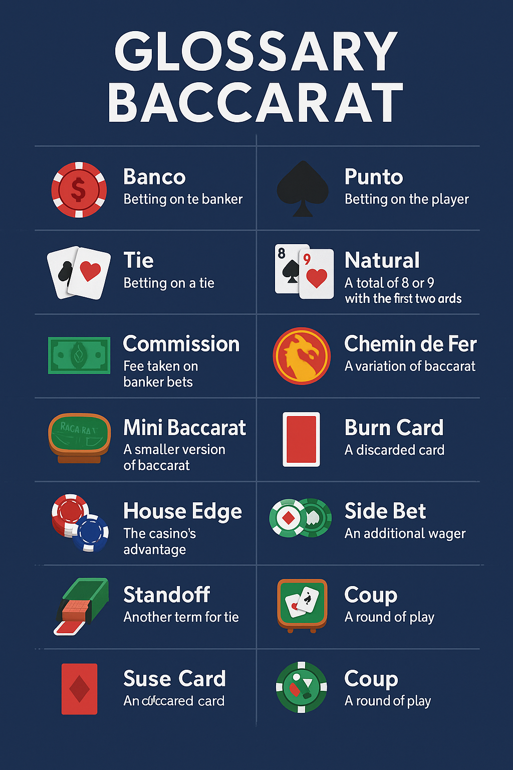 Infografis flat design berjudul "Glossary Baccarat" menampilkan daftar istilah baccarat penting seperti Banco, Punto, Tie, Natural, Commission, dan Side Bet, dengan ikon kartu, chip, dan simbol kasino.