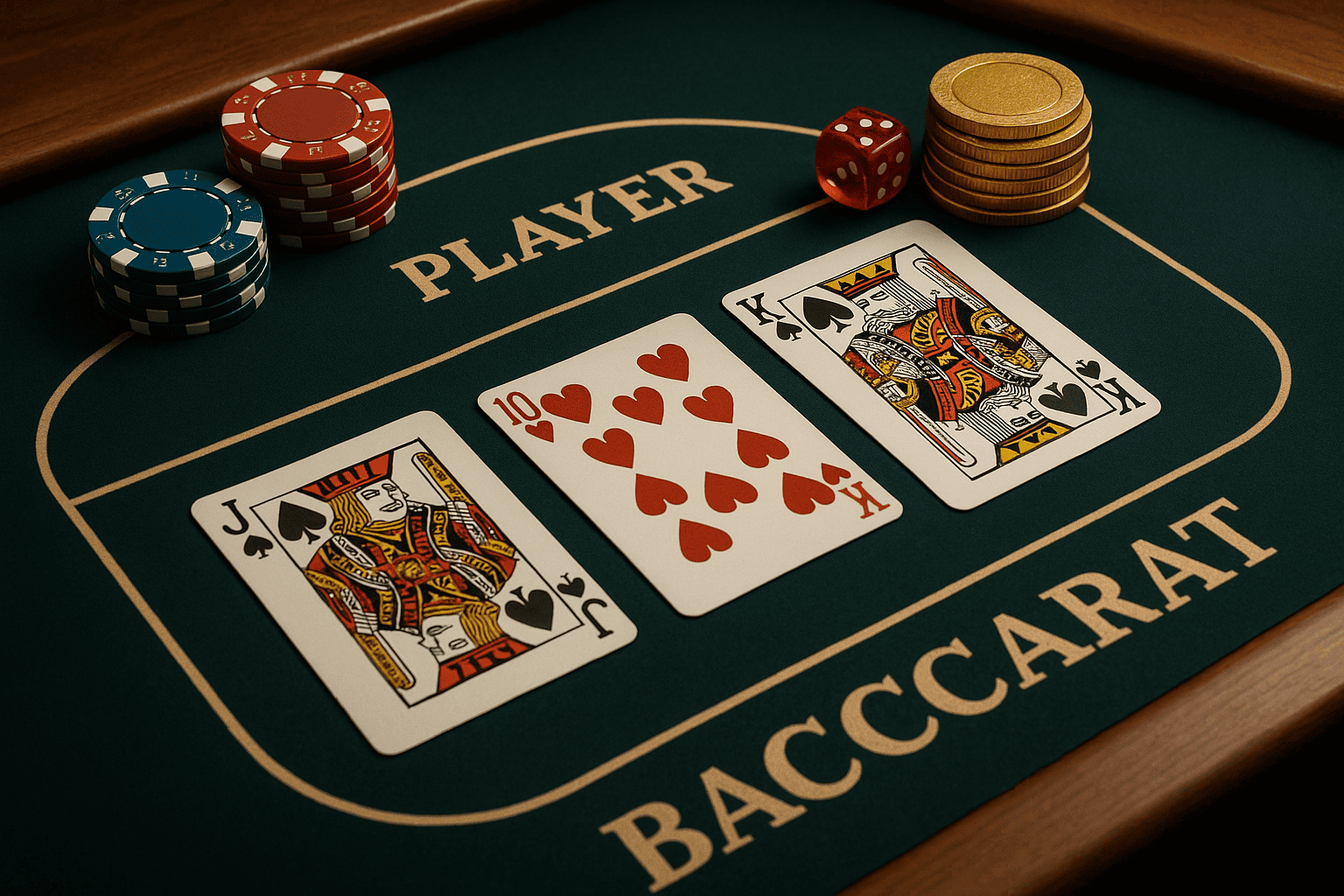 ejarah baccarat menampilkan meja kasino dengan kain hijau bertuliskan PLAYER dan BANKER, kartu terbuka, tumpukan chip warna-warni, serta suasana mewah khas permainan baccarat.
