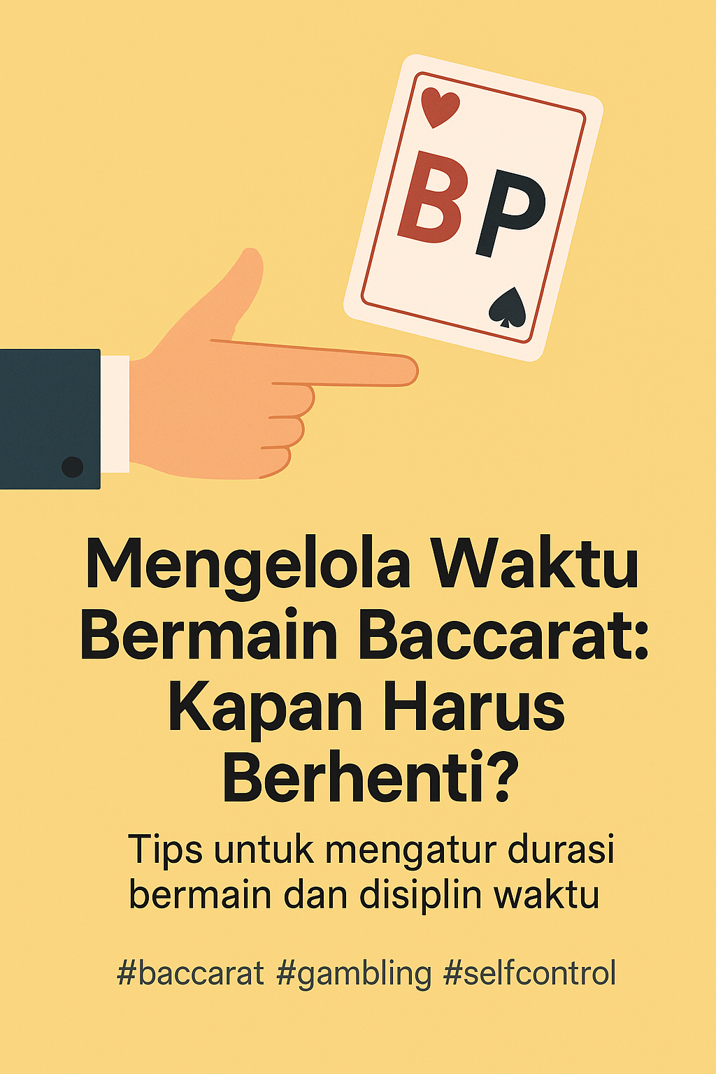 Ilustrasi digital tentang manajemen waktu saat bermain baccarat, menampilkan kartu dan simbol tangan menunjuk sebagai tanda kontrol diri.