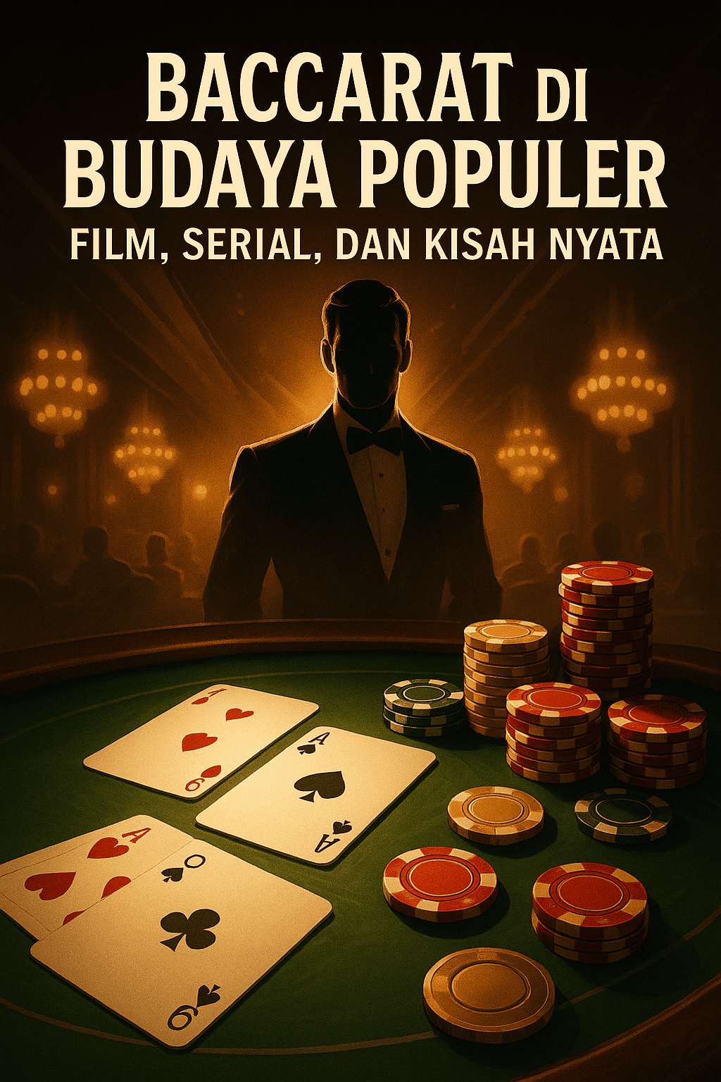 Ilustrasi digital bergaya sinematik menampilkan meja baccarat kasino mewah dengan kartu dan chip, serta siluet karakter ala James Bond yang memberi kesan glamor dan dramatis.