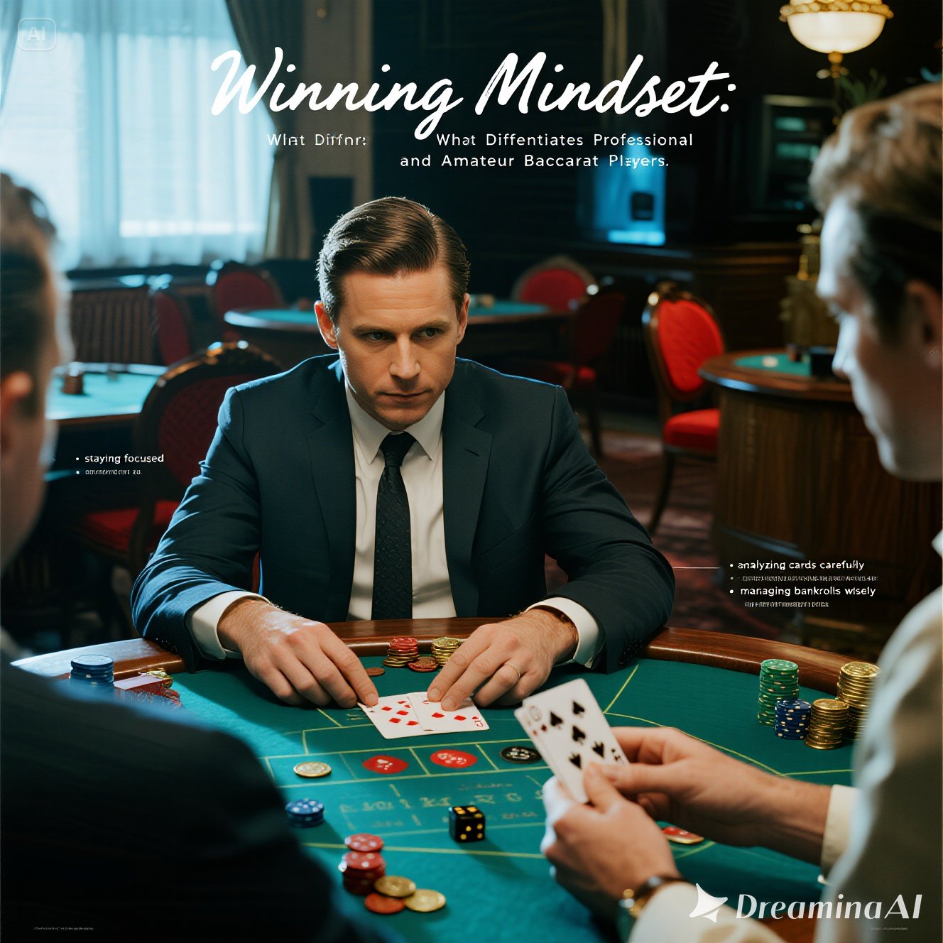 Ilustrasi pemain baccarat pro dengan ekspresi tenang dan fokus, dibandingkan pemula yang emosional saat bermain.