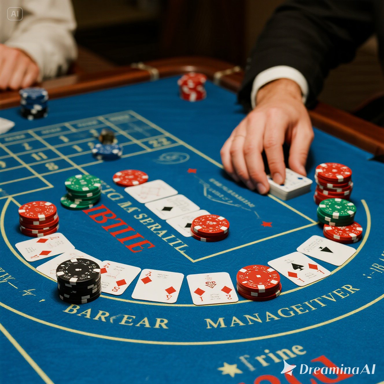 Ilustrasi pemain baccarat dengan grafik target kemenangan dan batas kerugian di meja kasino.