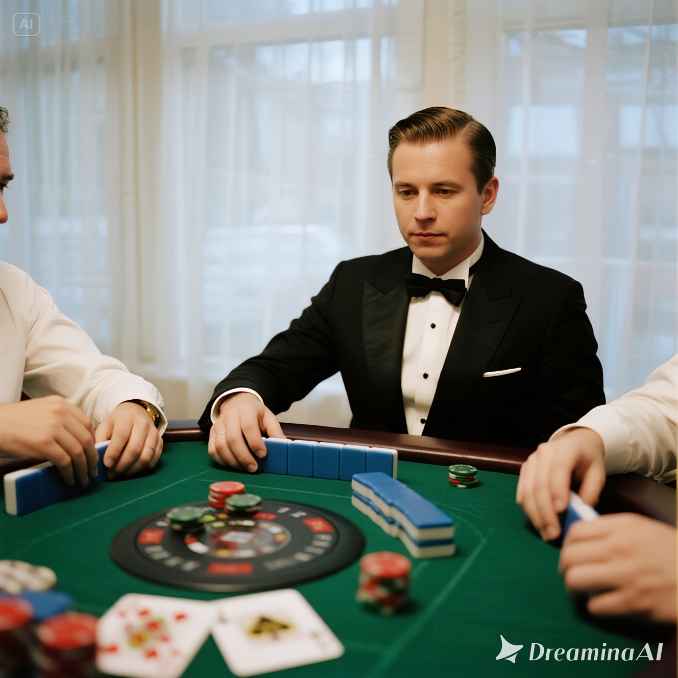 Ilustrasi pemain baccarat fokus dengan meja kasino, kartu, dan pencatatan strategi.