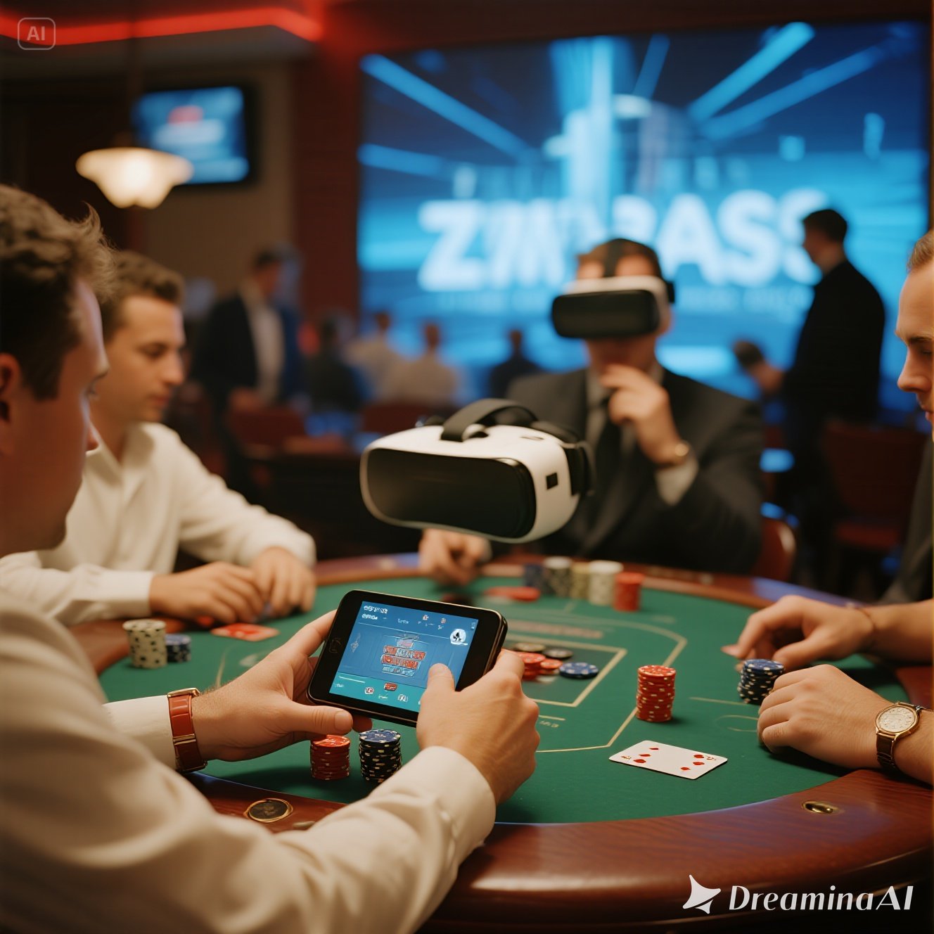 Ilustrasi baccarat online masa depan dengan integrasi VR dan AR di meja kasino virtual.
