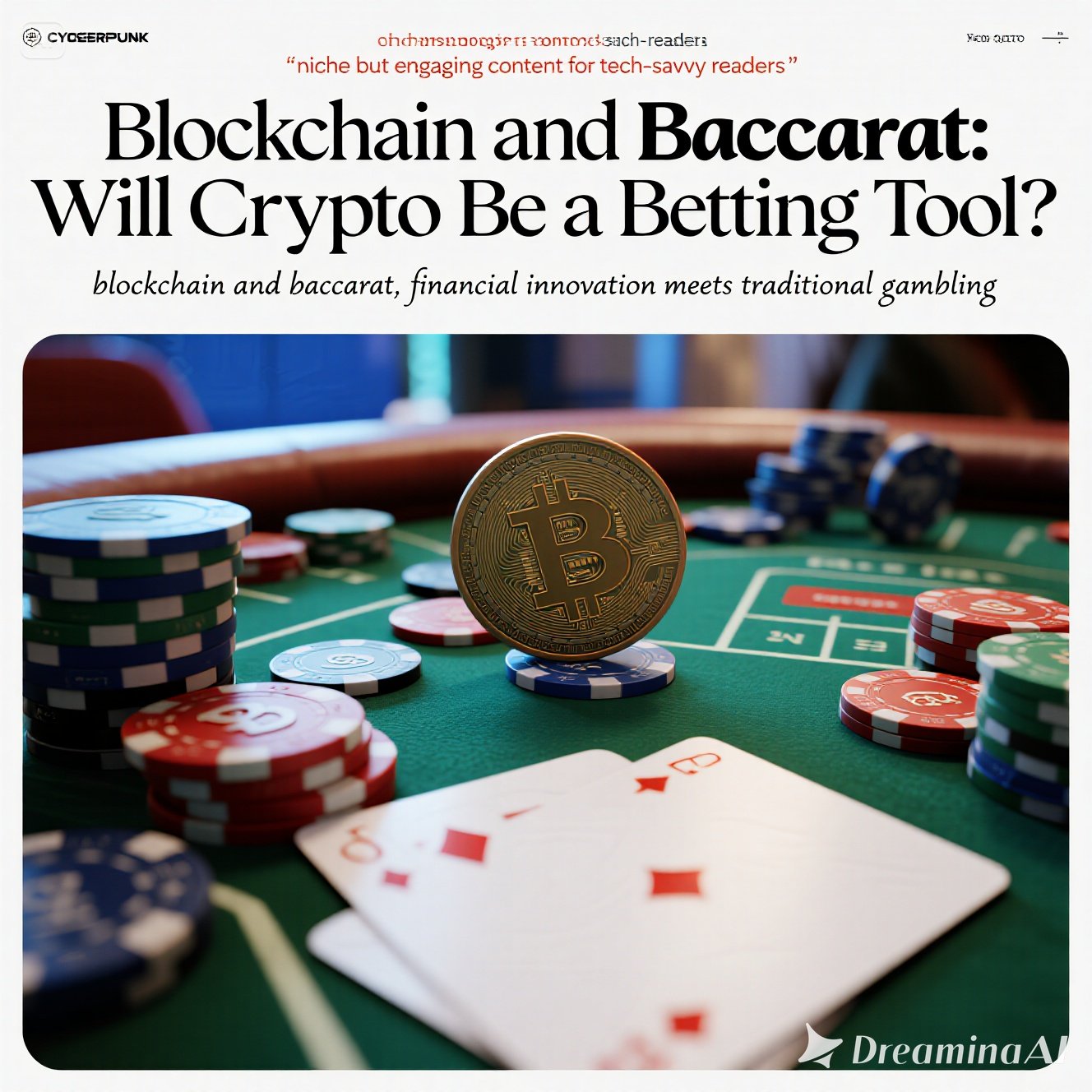 Kolase ilustrasi baccarat online dengan chip kripto, blockchain, dan smart contract.