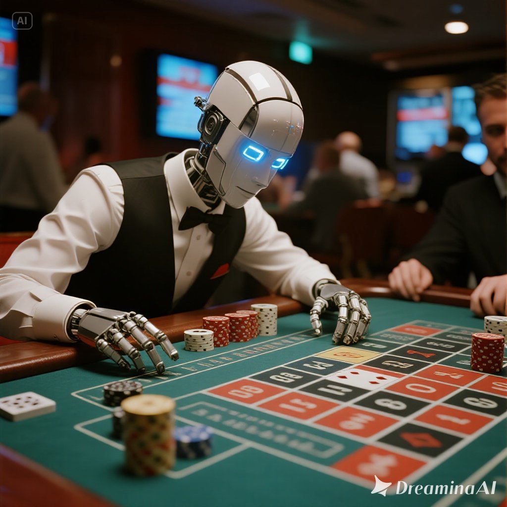 Kolase ilustrasi baccarat dengan AI dealer virtual dan meja kasino digital.