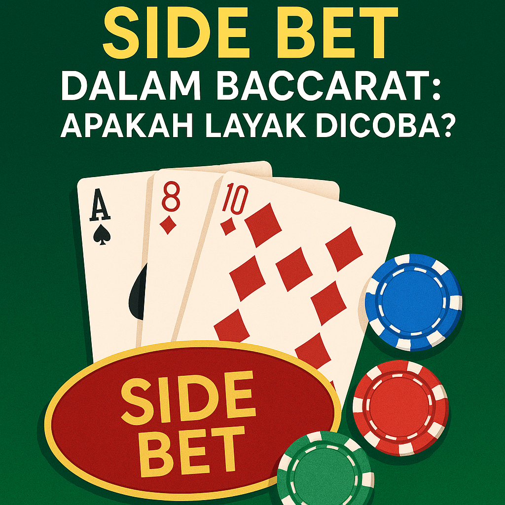 Ilustrasi elegan side bet dalam baccarat dengan kartu remi, chip kasino, dan sorotan glamor di atas meja hijau.