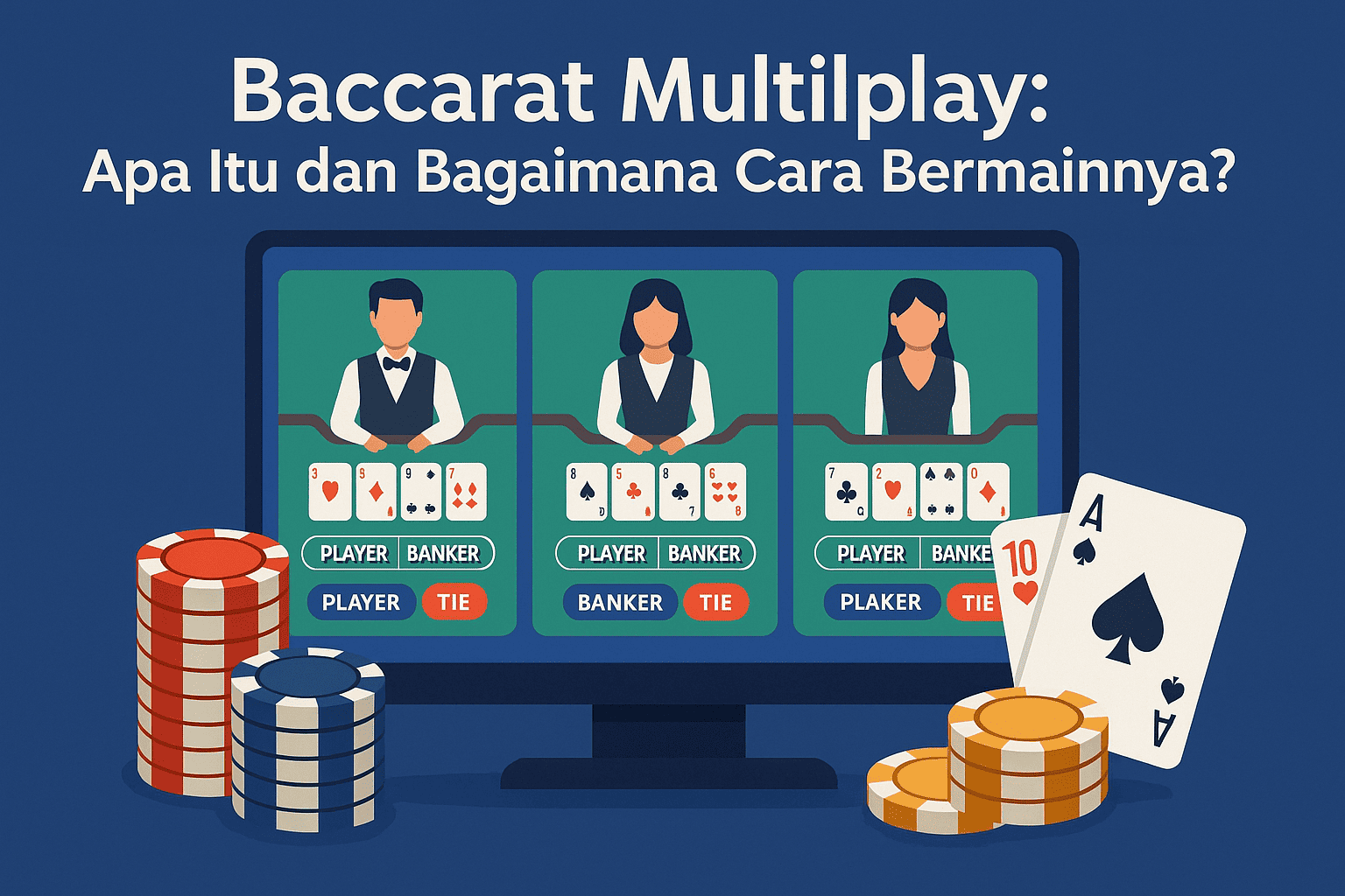 Ilustrasi digital menampilkan layar komputer dengan tiga meja baccarat online (Baccarat Multiplay) beserta dealer virtual, kartu, chip kasino, dan tombol taruhan Player, Banker, serta Tie.