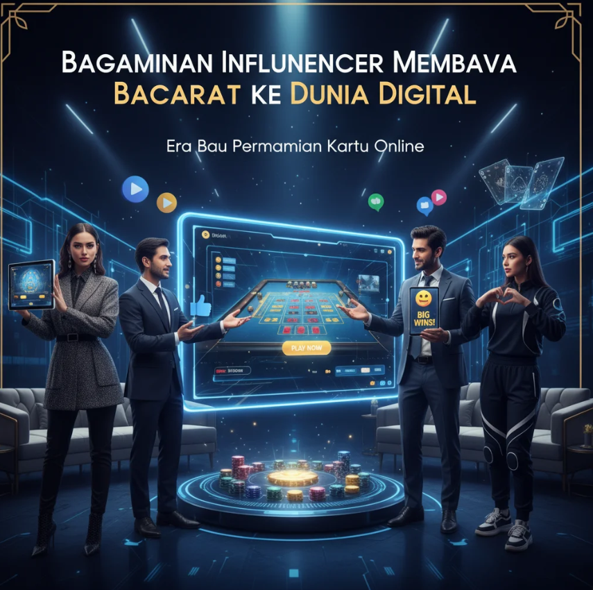 Seorang influencer sedang melakukan live streaming permainan Baccarat di studio modern dengan layar digital.