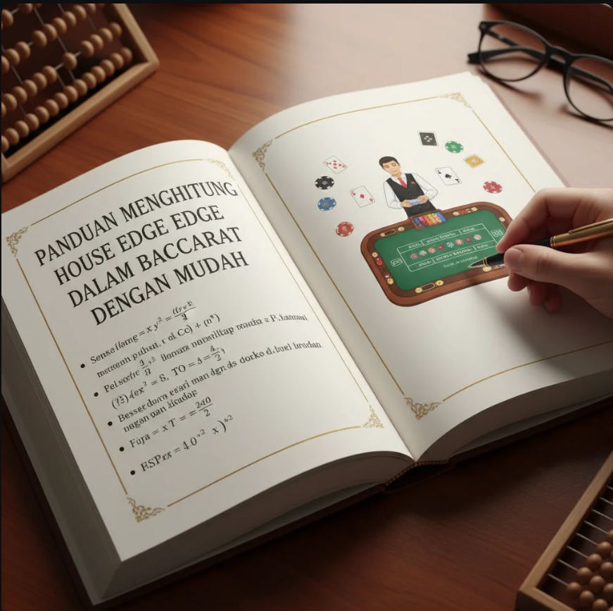 Meja baccarat dengan chip dan kartu, disertai grafik peluang dan angka house edge.