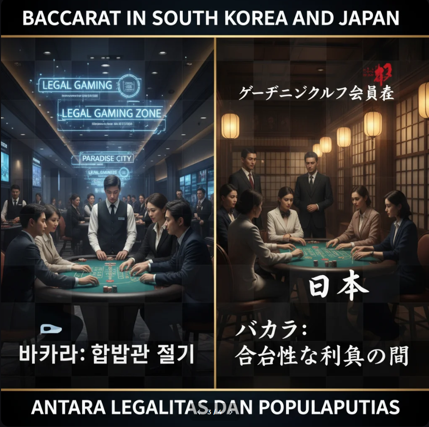 Meja Baccarat mewah dengan chip kasino dan latar neon bertema Jepang dan Korea Selatan.