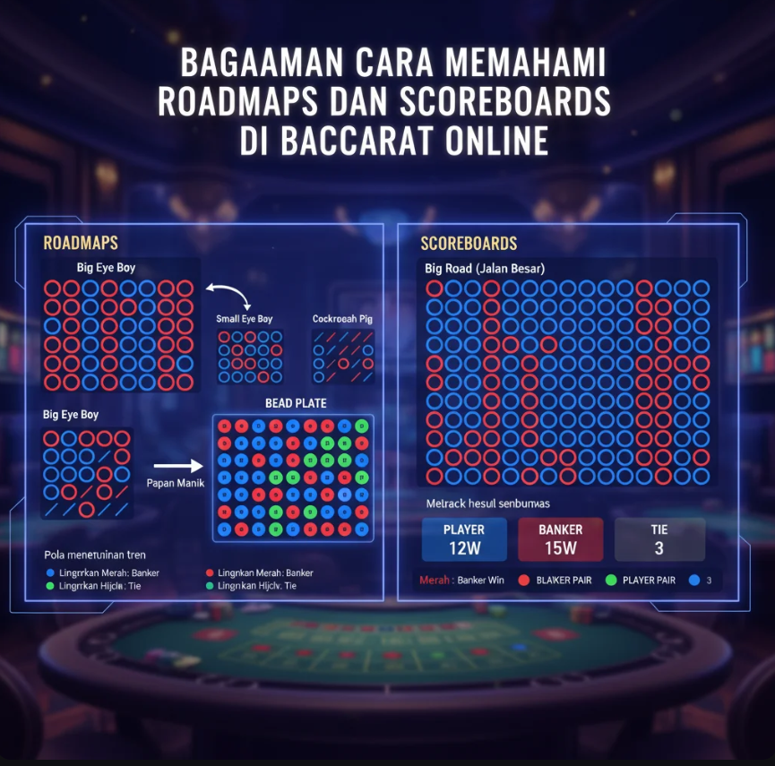 Tampilan layar baccarat online dengan roadmap dan scoreboard penuh warna di bagian bawah meja permainan.