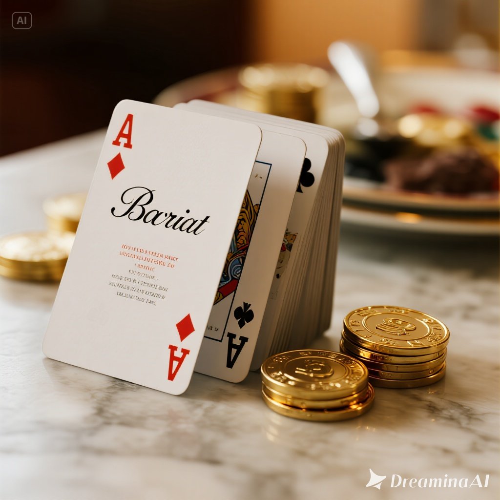 Ilustrasi meja baccarat mewah dengan chip kasino dan dealer profesional.