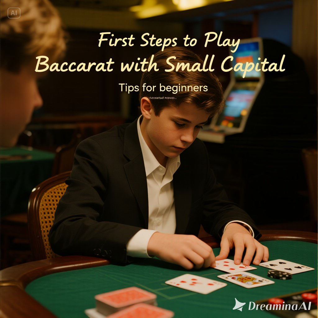 Ilustrasi pemain baccarat pemula dengan modal kecil di meja kasino digital.