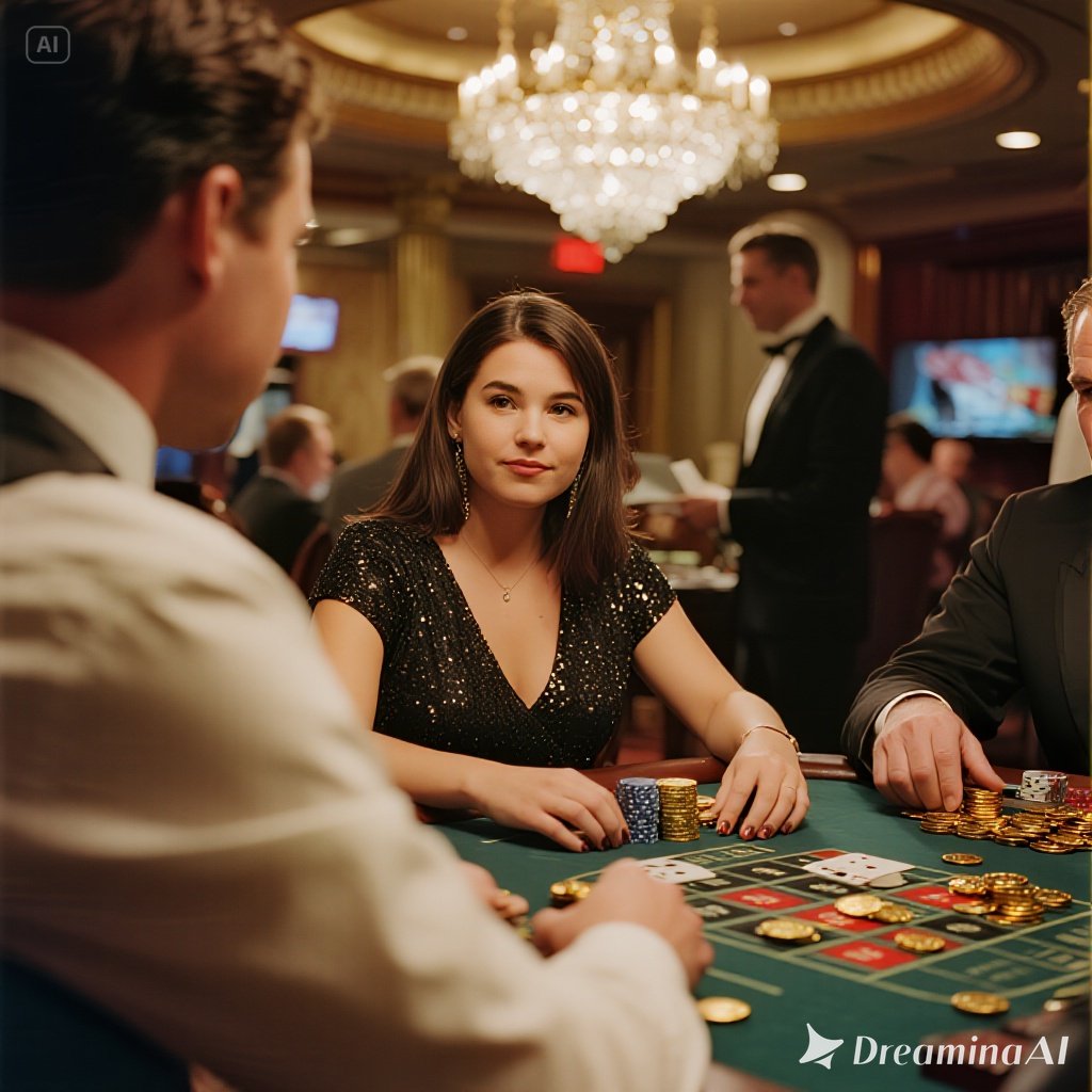 Ilustrasi meja baccarat kasino dengan kartu, chip, dan suasana glamor.