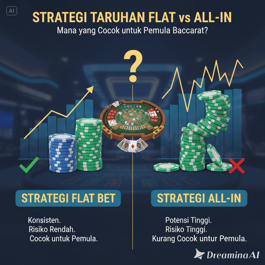 Ilustrasi perbandingan strategi taruhan flat vs all-in dalam permainan baccarat online.
