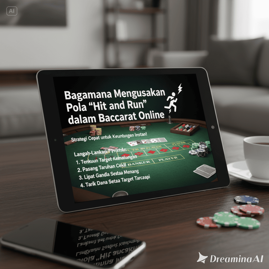Ilustrasi pola hit and run dalam baccarat online dengan chip kasino dan meja permainan.