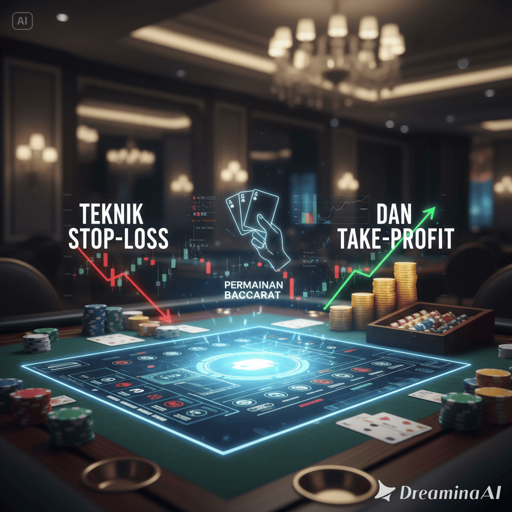 Ilustrasi dua pemain Baccarat menerapkan strategi stop-loss dan take-profit di meja kasino.” Title (Featured Image): “Teknik Stop-Loss dan Take-Profit dalam Permainan Baccarat