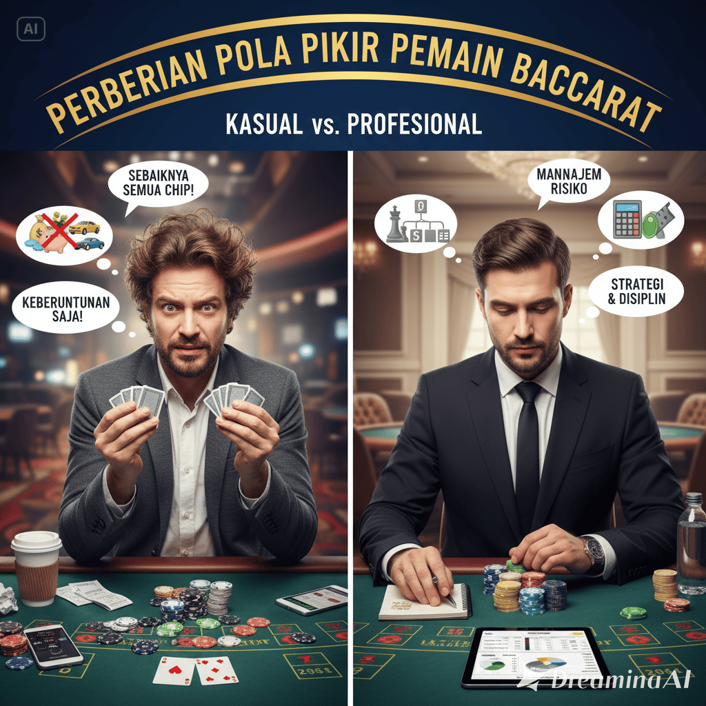 Ilustrasi perbedaan pemain baccarat kasual dan profesional di meja kasino.