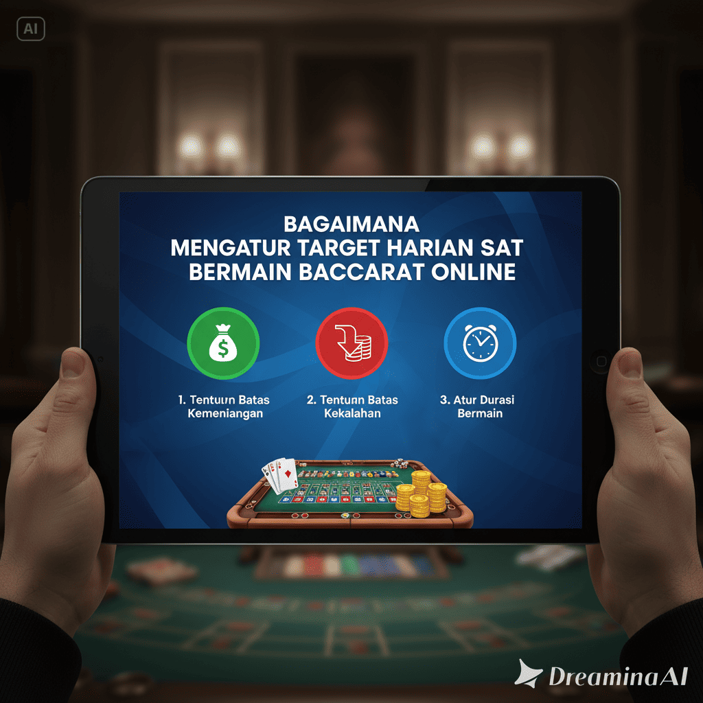 Ilustrasi pemain baccarat online mengatur target harian dan strategi permainan dengan laptop dan catatan.