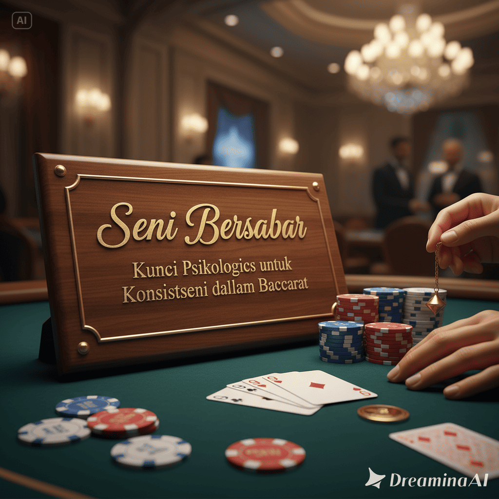 Ilustrasi pemain Baccarat yang tenang memegang kartu di meja, dikelilingi simbol fokus dan keseimbangan mental.