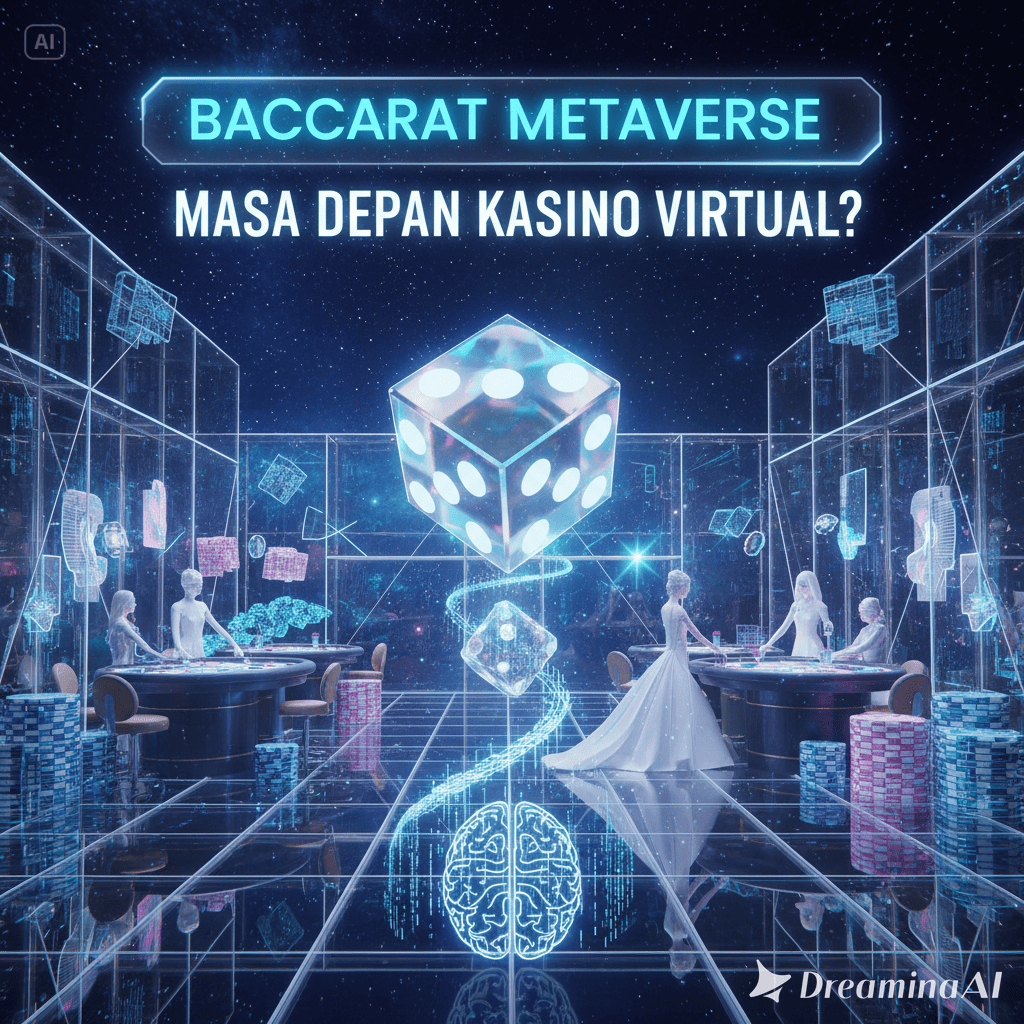 Ilustrasi pemain baccarat dengan headset VR di kasino virtual futuristik berbasis metaverse.