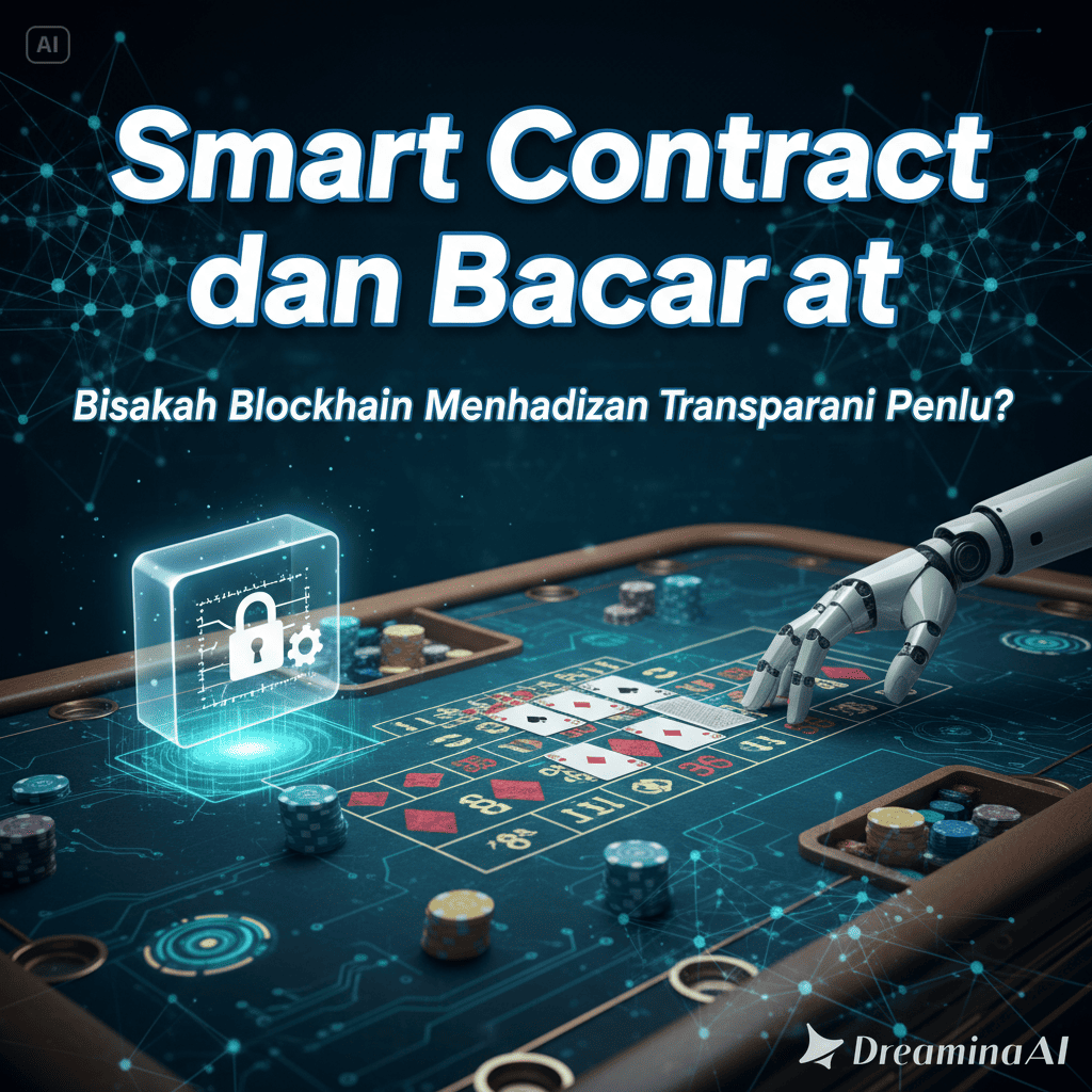 Ilustrasi meja Baccarat digital dengan chip dan kartu di atas jaringan blockchain bercahaya biru.