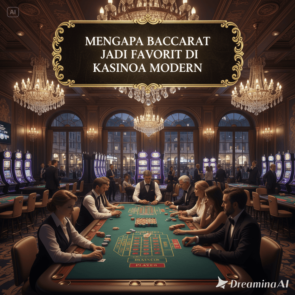 Pemain elegan duduk di meja Baccarat modern dengan latar kasino mewah Eropa.