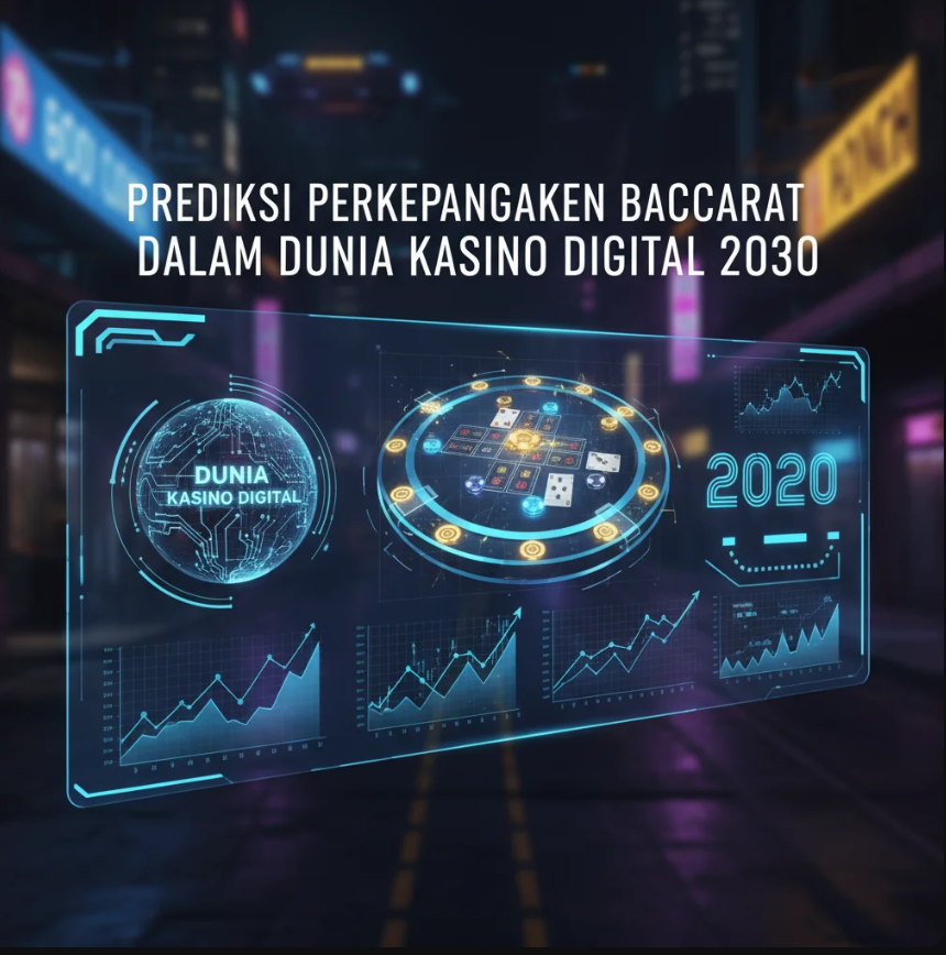 Ilustrasi gamer futuristik dengan headset VR dan tampilan hologram sistem blockchain di latar belakang.