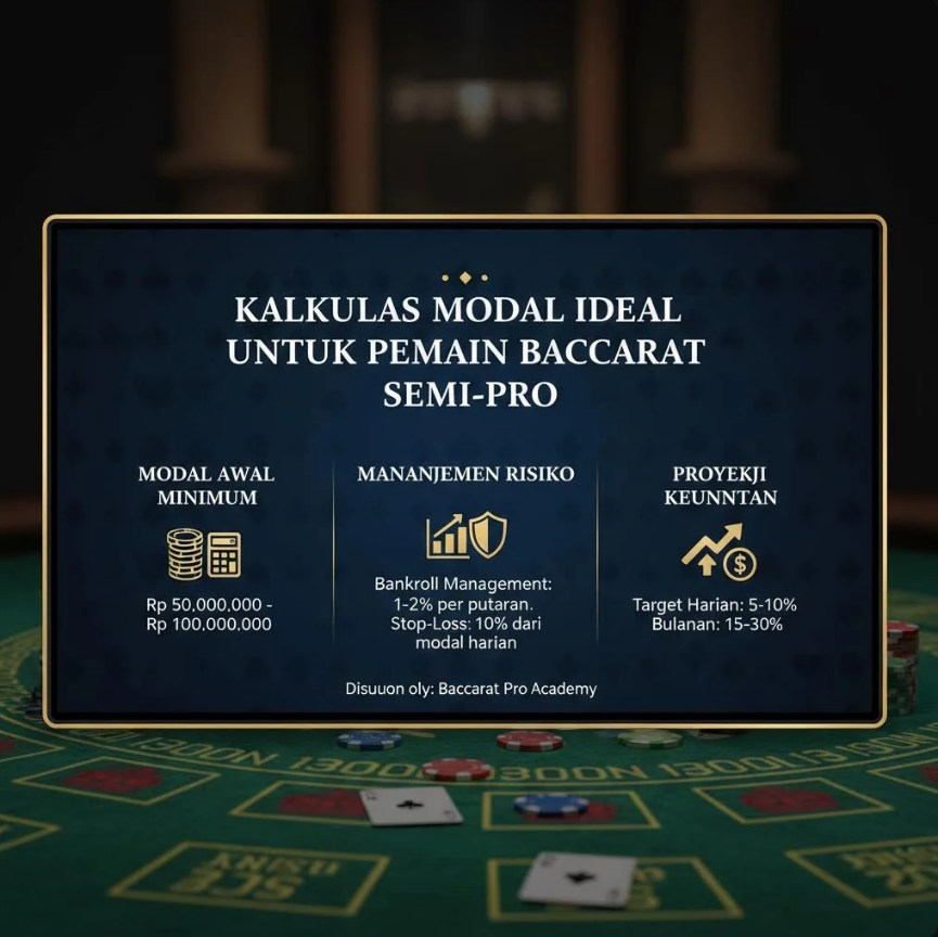 Ilustrasi pemain Baccarat semi-pro menghitung modal dan strategi taruhan di meja kasino.