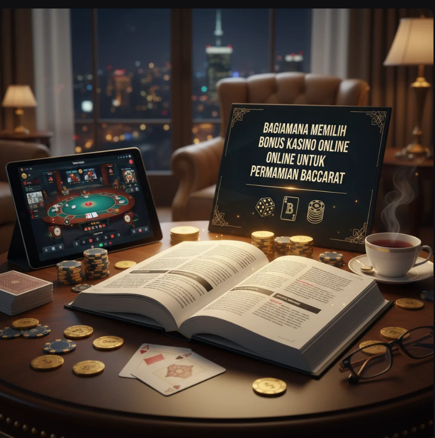 Pemain kasino online sedang memilih bonus baccarat di layar laptop dengan tampilan kartu dan chip digital.