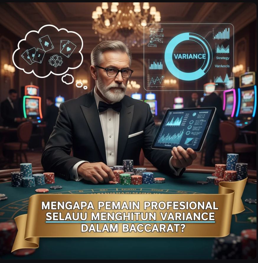 Tampilan meja baccarat digital dengan grafik statistik variance dan pemain profesional sedang menganalisis data.