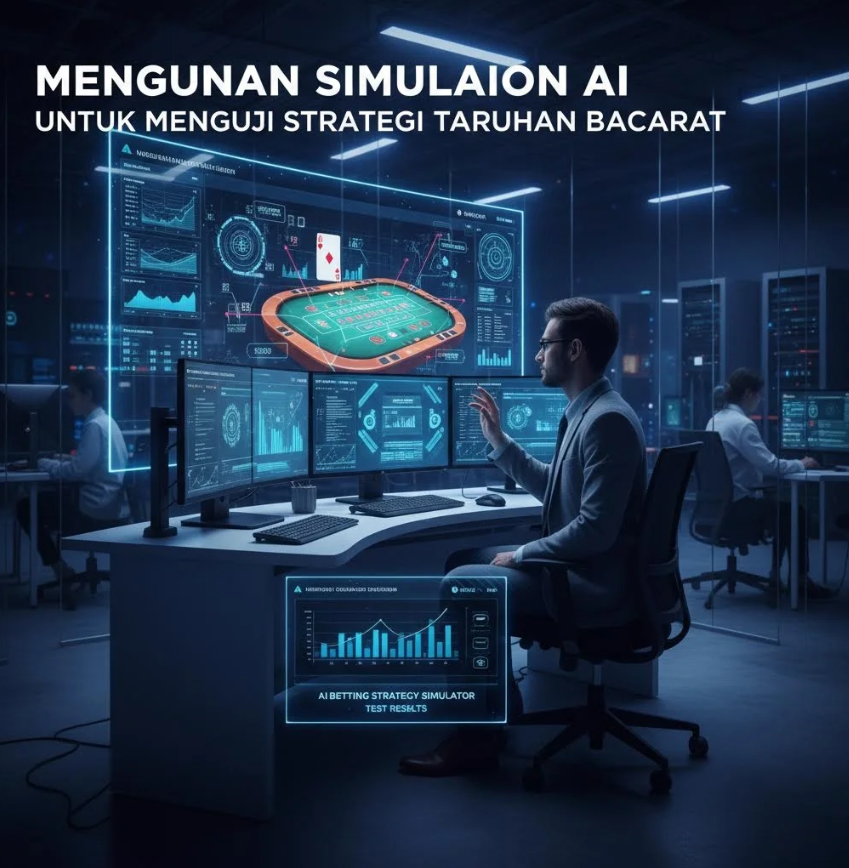 Simulasi AI yang menampilkan grafik probabilitas dan pola taruhan Baccarat di layar digital