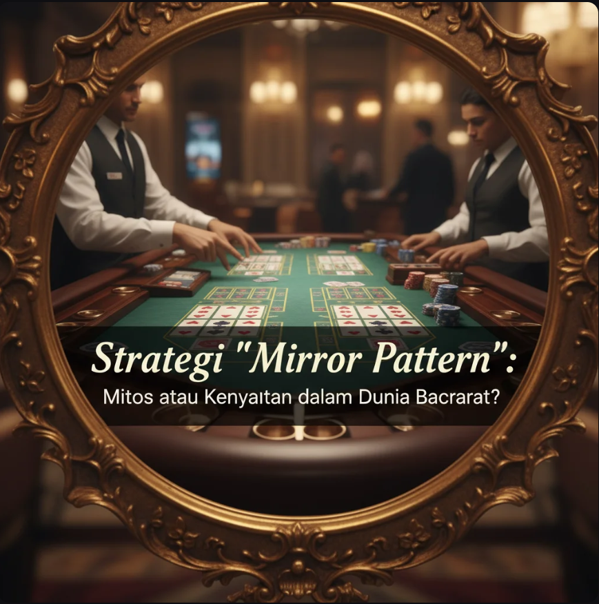 Meja Baccarat dengan pantulan cermin digital yang menggambarkan strategi Mirror Pattern antara Banker dan Player.