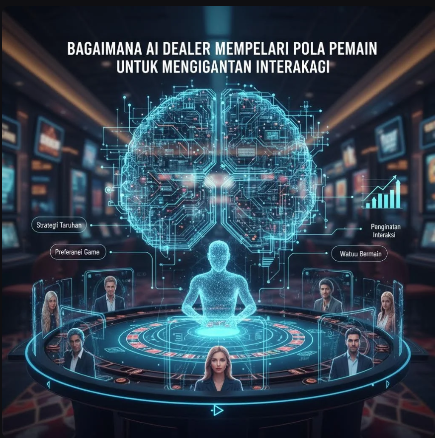 AI dealer digital berinteraksi dengan pemain dalam lingkungan game berbasis teknologi futuristik