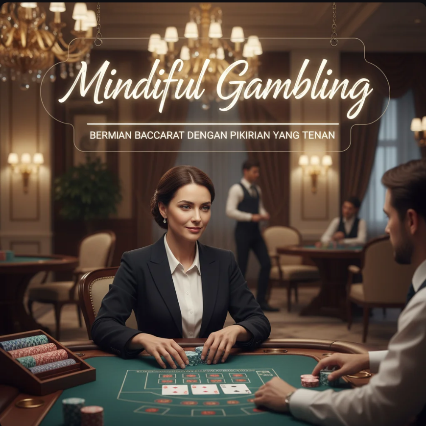 Pemain Baccarat duduk dengan tenang sambil memegang kartu, dikelilingi suasana digital bernuansa biru lembut.