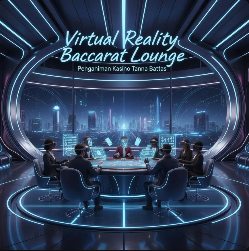 Pengguna mengenakan headset VR di dalam lounge digital futuristik yang menampilkan meja baccarat virtual