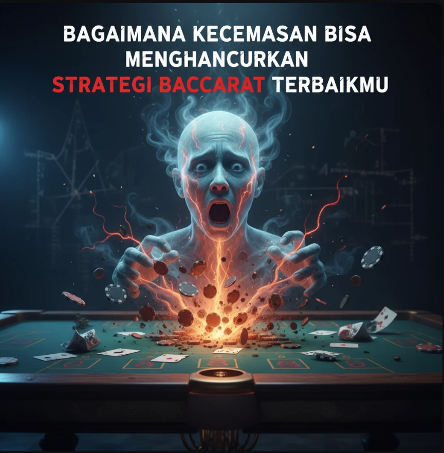 Siluet pemain Baccarat menatap meja kartu dengan ekspresi tegang, diterangi cahaya lembut kasino.