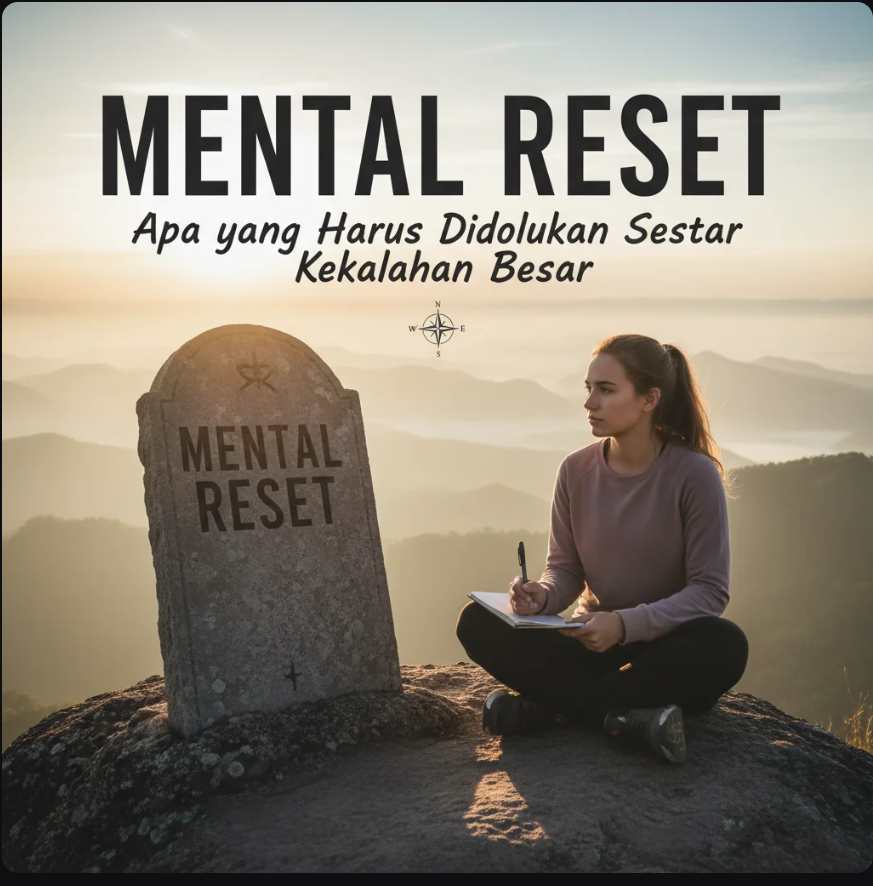Siluet seseorang berdiri di tepi tebing dengan langit pagi, melambangkan proses mental reset setelah kekalahan.