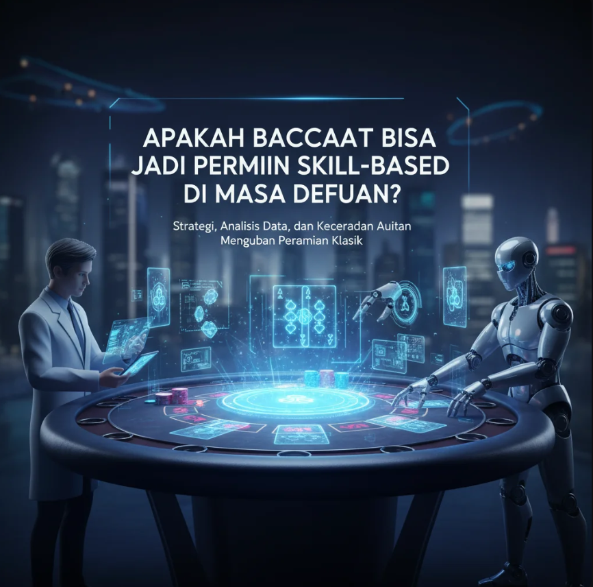 Tangan manusia dan tangan robot memainkan kartu digital dengan latar belakang jaringan data futuristik.